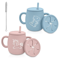 XccMe Dino Sippy Cup with pink handles promotes independent sipping and mess-free meals.