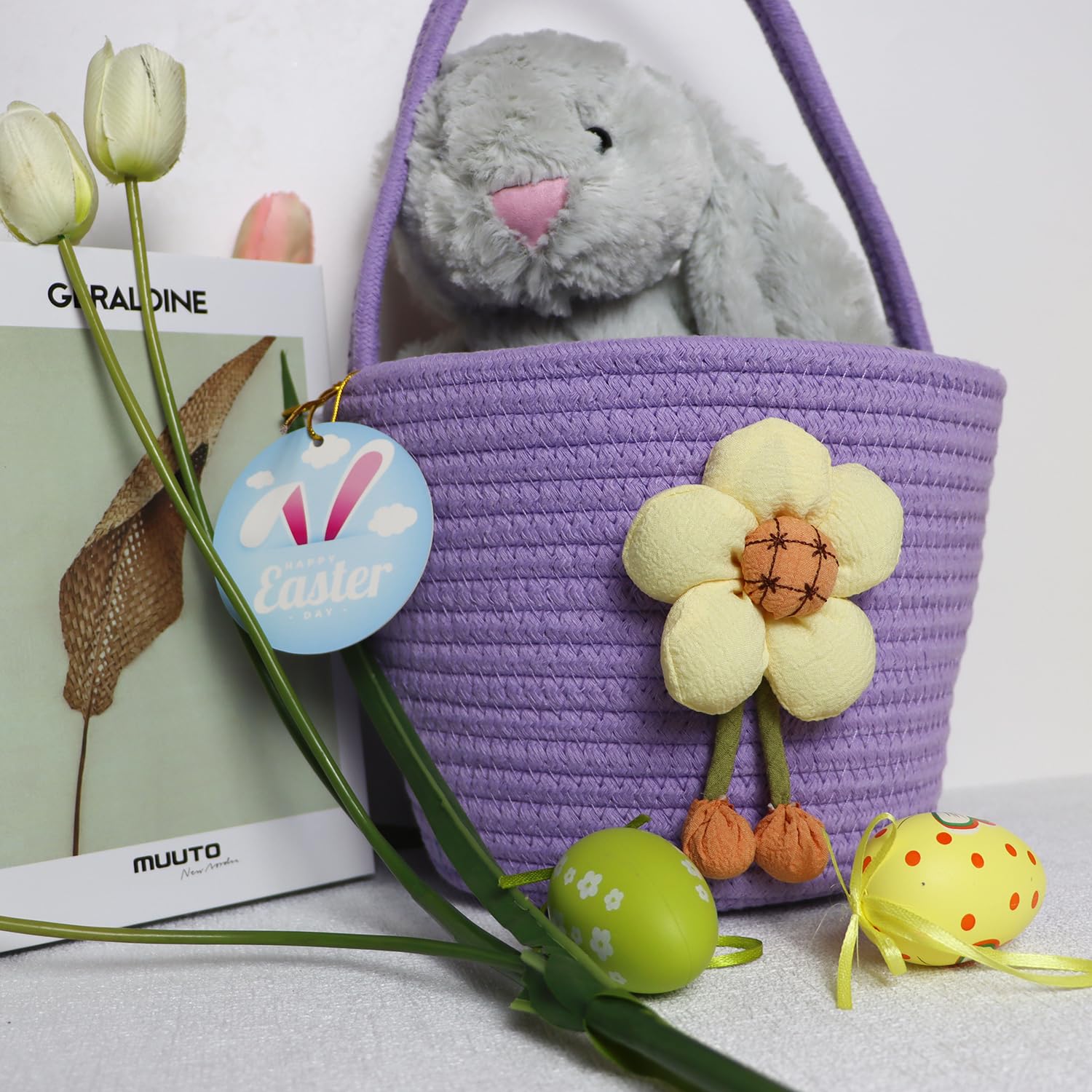 XENTUMI Easter basket size 7.8x6.2 inches without handle and 7.8x15.17 inches with handle.