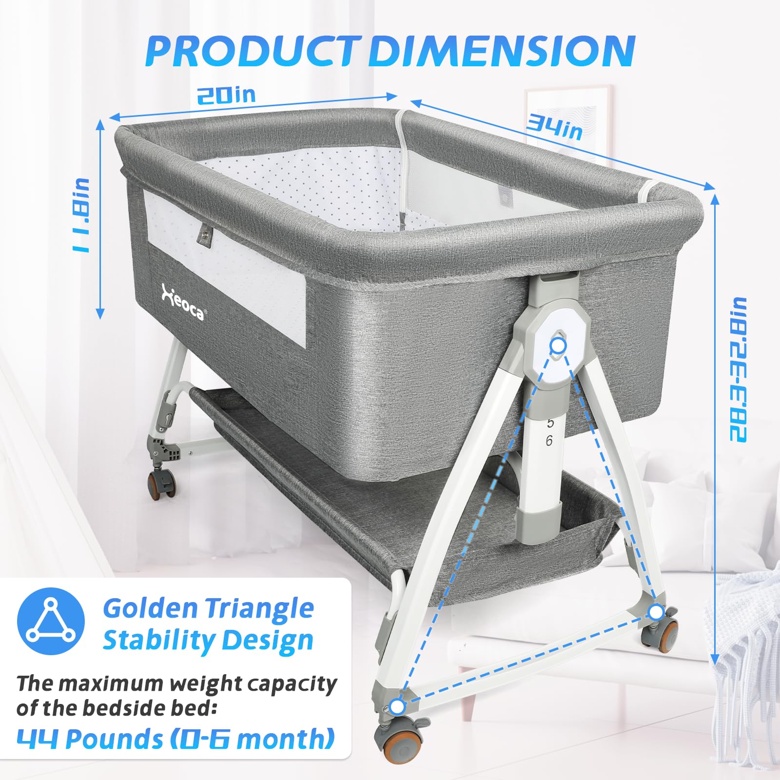 Xeoca bedside bassinet with mosquito net close-up keeps baby comfortable and protected.