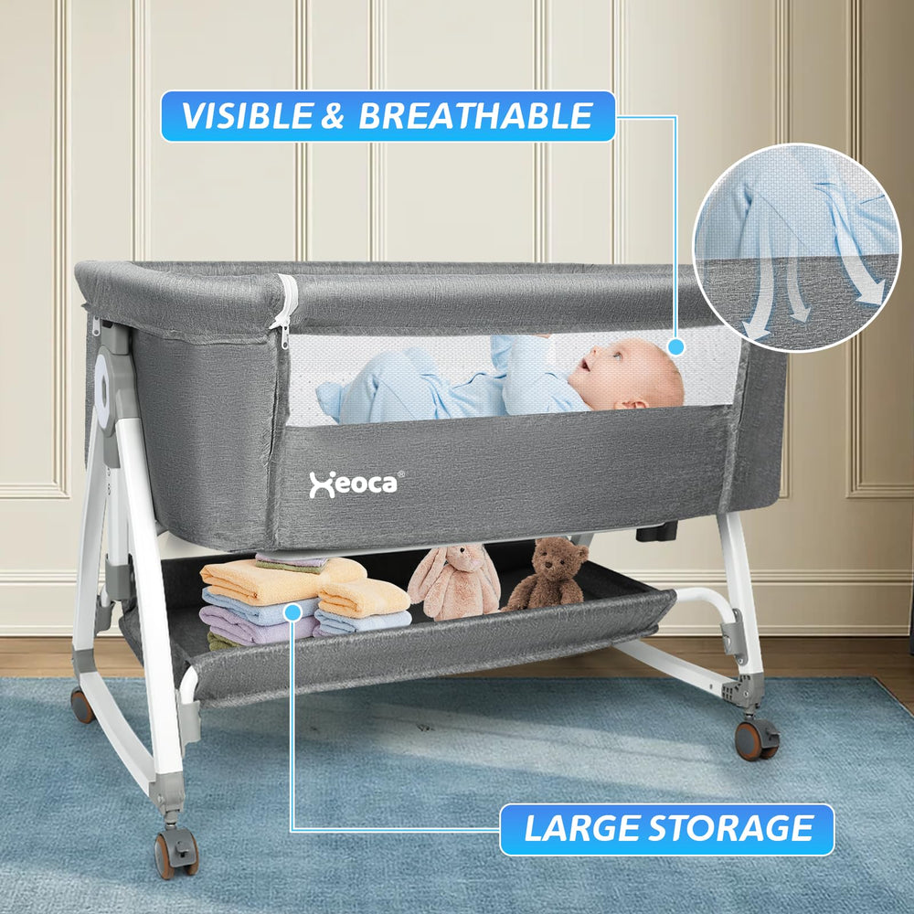 Xeoca 6-height adjustable cradle adapts to beds, sofas, and living spaces.
