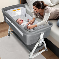 Xeoca Baby Bassinet bedside sleeper top view with breathable mesh for easy nighttime checks.