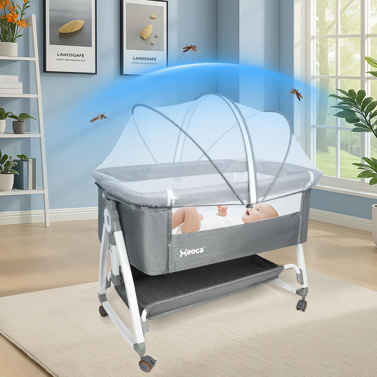 Xeoca storage basket keeps daily essentials within reach during nighttime care.