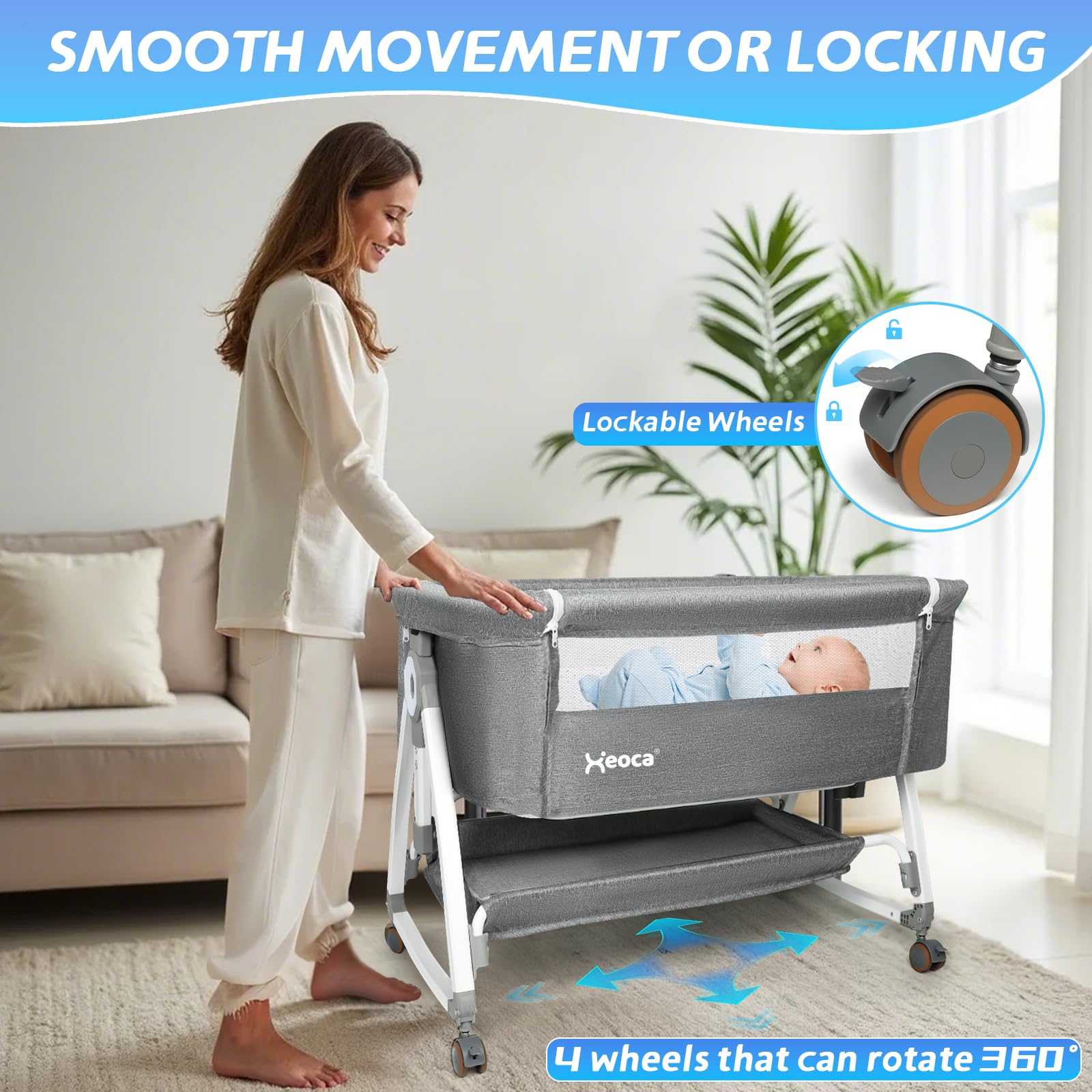 Xeoca baby sleeper on wheels showing easy mobility and secure bedside placement.