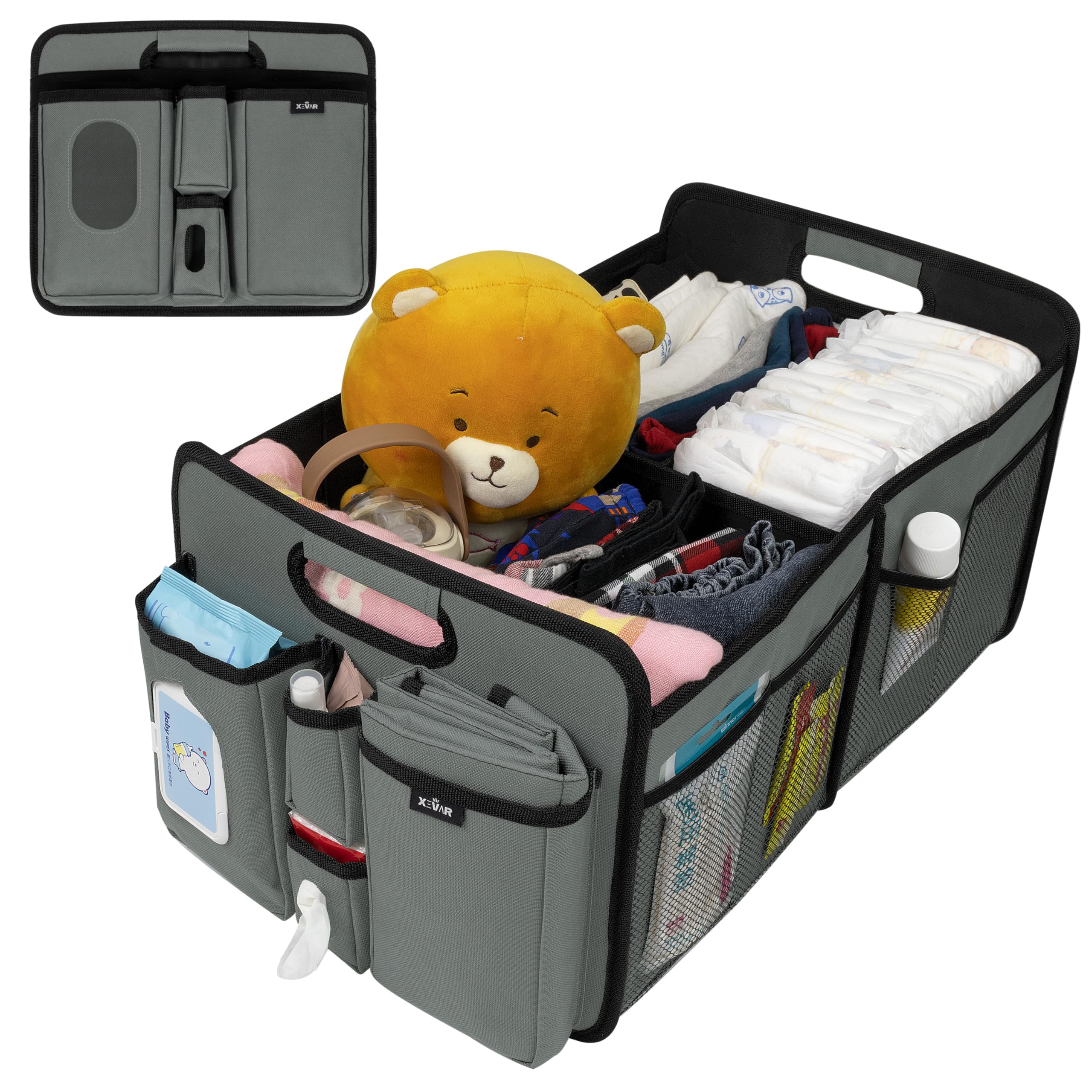 XEVAR baby diaper caddy front view shows spacious compartments for quick changes