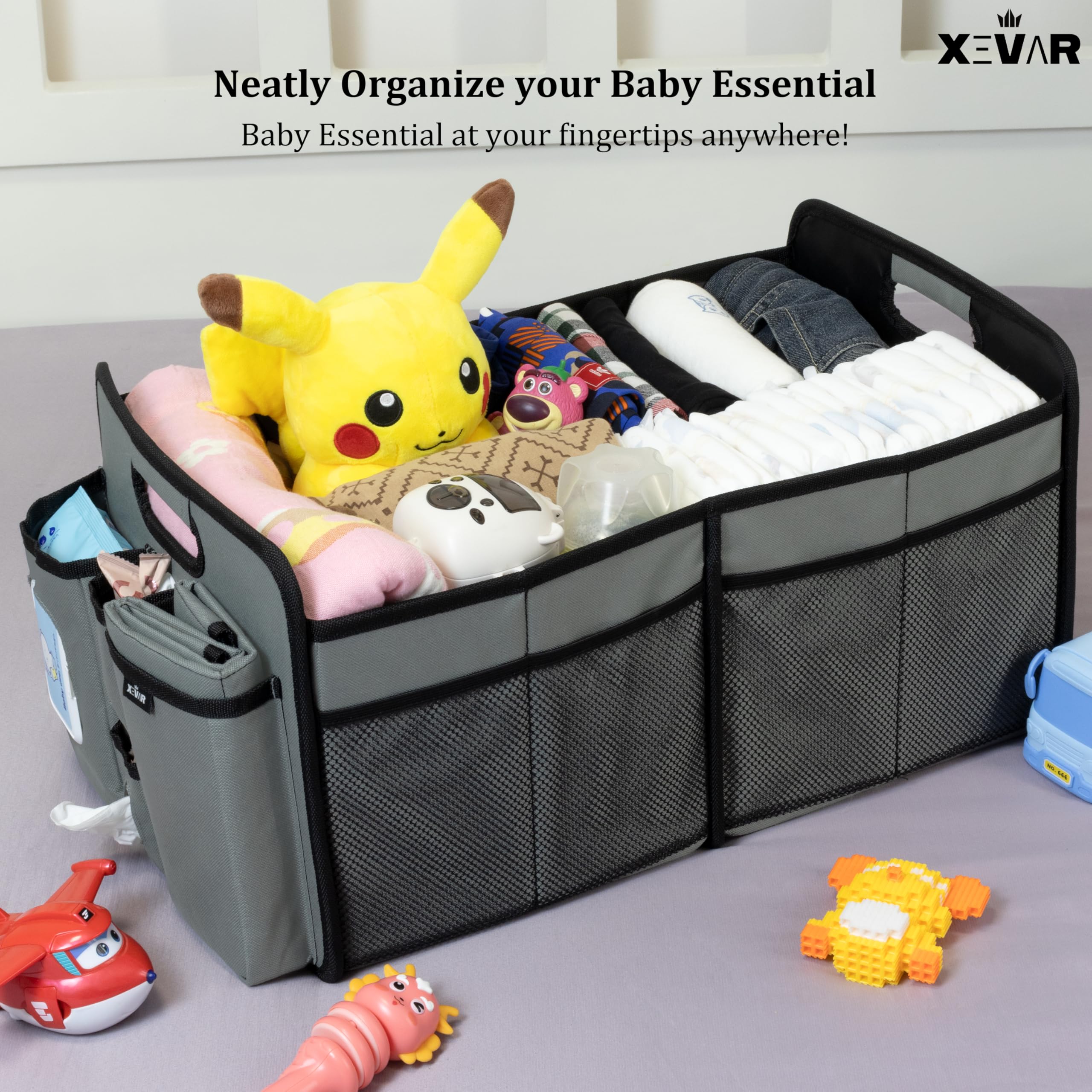 XEVAR multi-pocket design keeps bottles, diapers, and toys organized