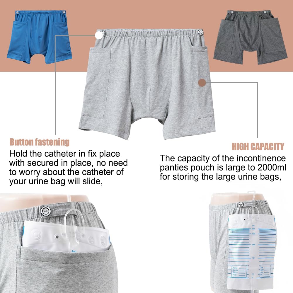XGNYHHD Urine Bag Shorts featuring catheter tube button to keep tubing secure.