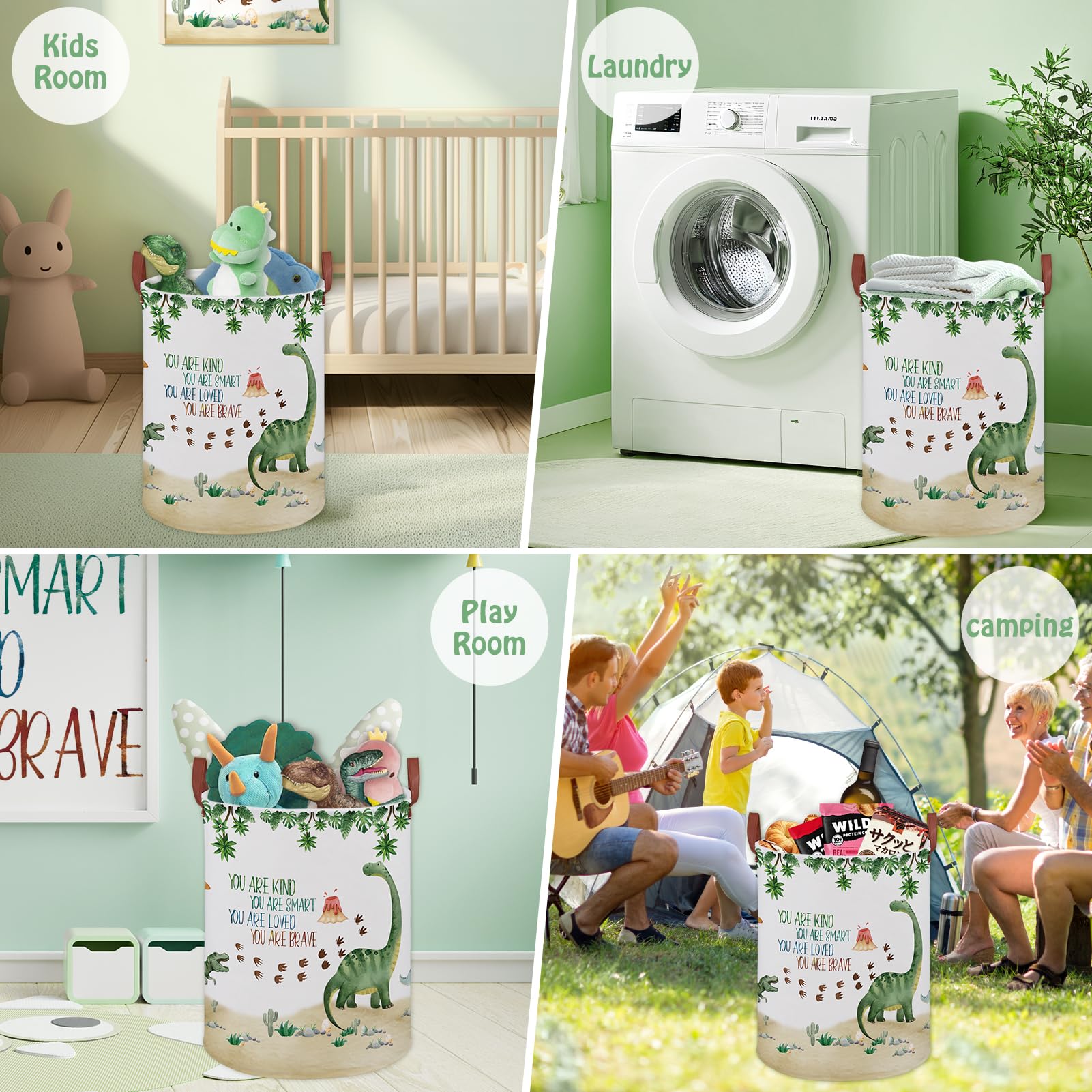 XHWZOF Green dinosaur nursery basket on shelf adds playful organization.