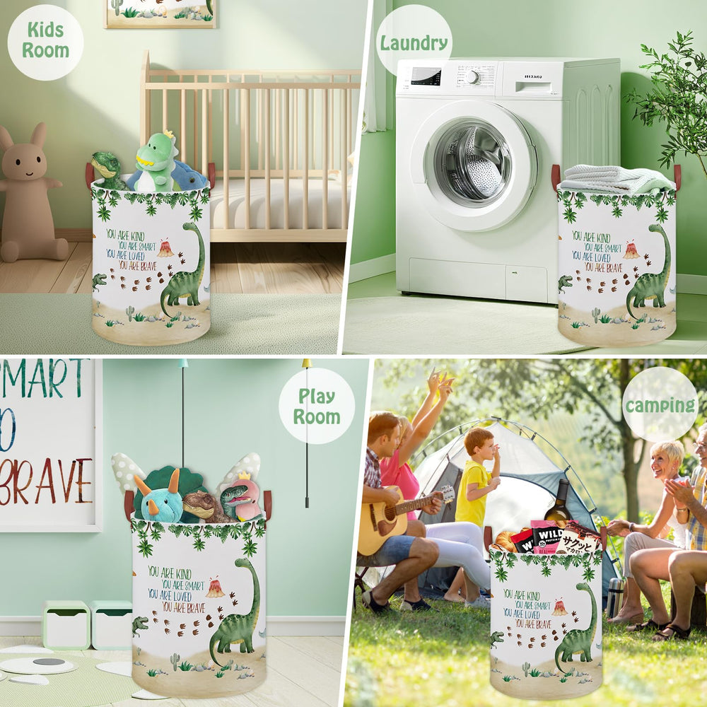 XHWZOF Green dinosaur nursery basket on shelf adds playful organization.