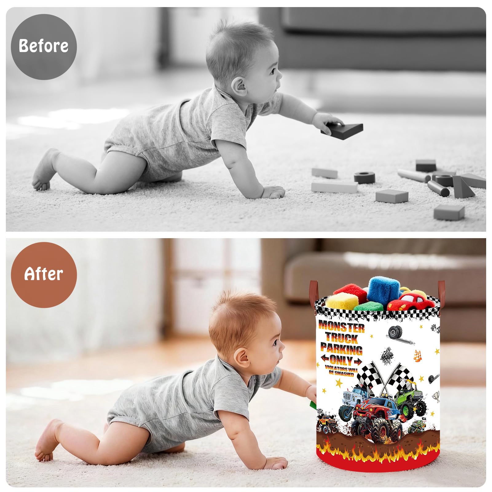 XHWZOF Monster Trucks basket collapsible design, easy to store when not in use.