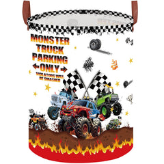 XHWZOF Monster Trucks basket front view with parking sign for kids' room organization.