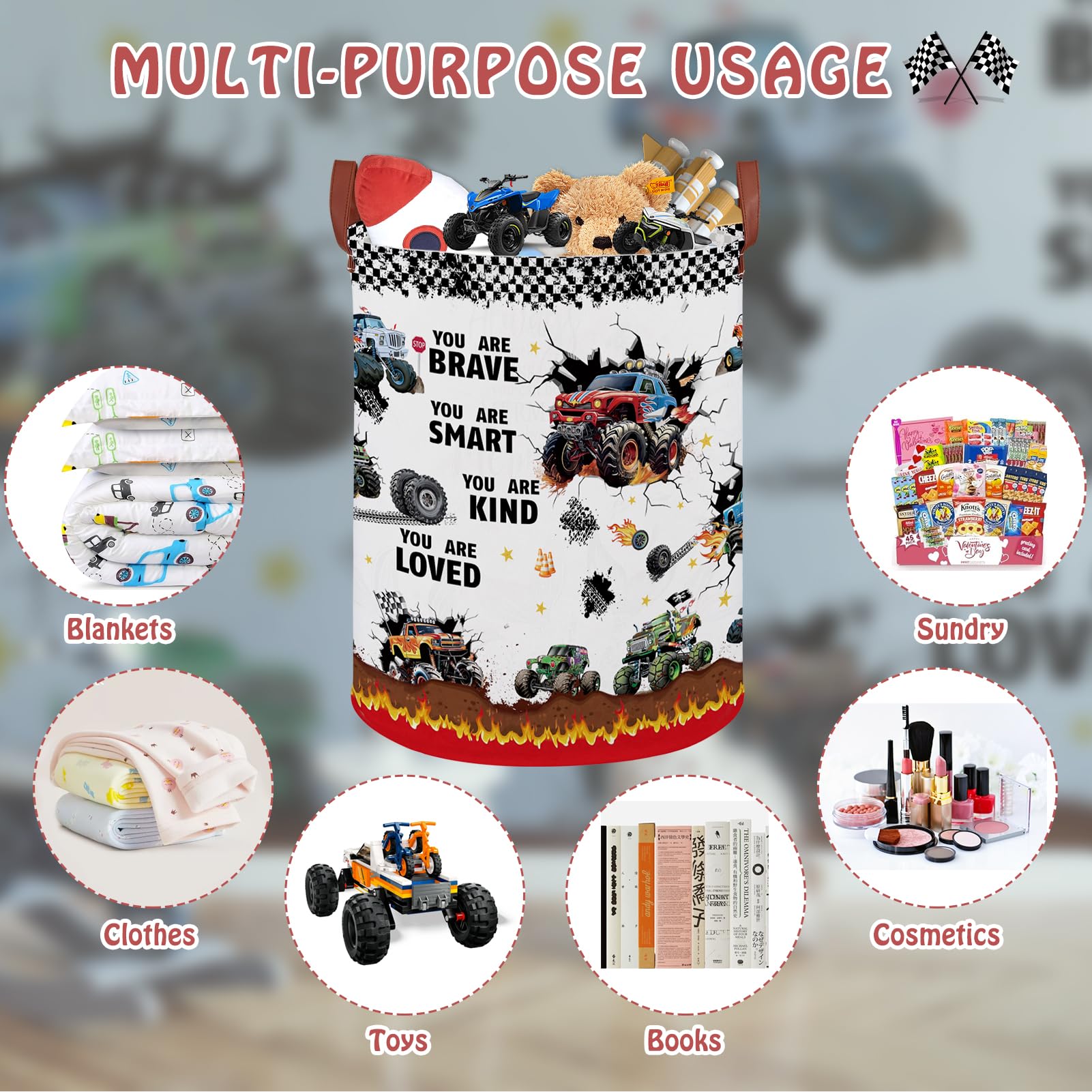 XHWZOF Monster Trucks Fire storage basket with leather handle for easy carry.