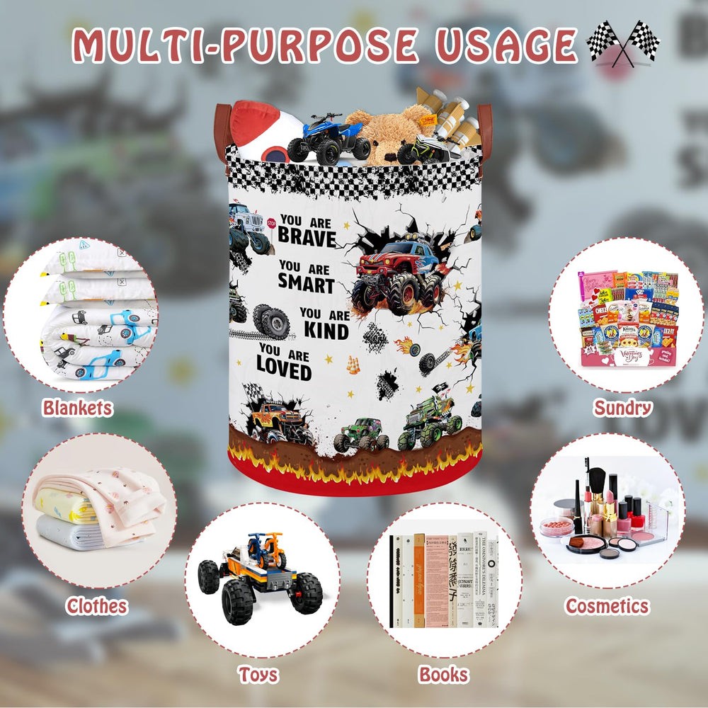 XHWZOF Monster Trucks Fire storage basket with leather handle for easy carry.