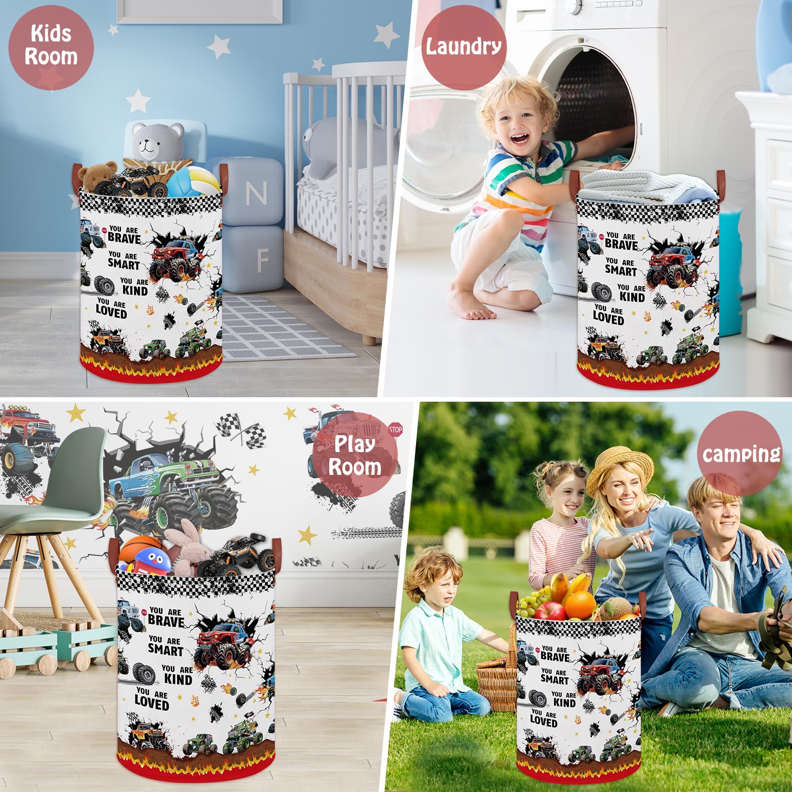 XHWZOF Monster Trucks Fire bedroom organizer for towels, books, and toys.