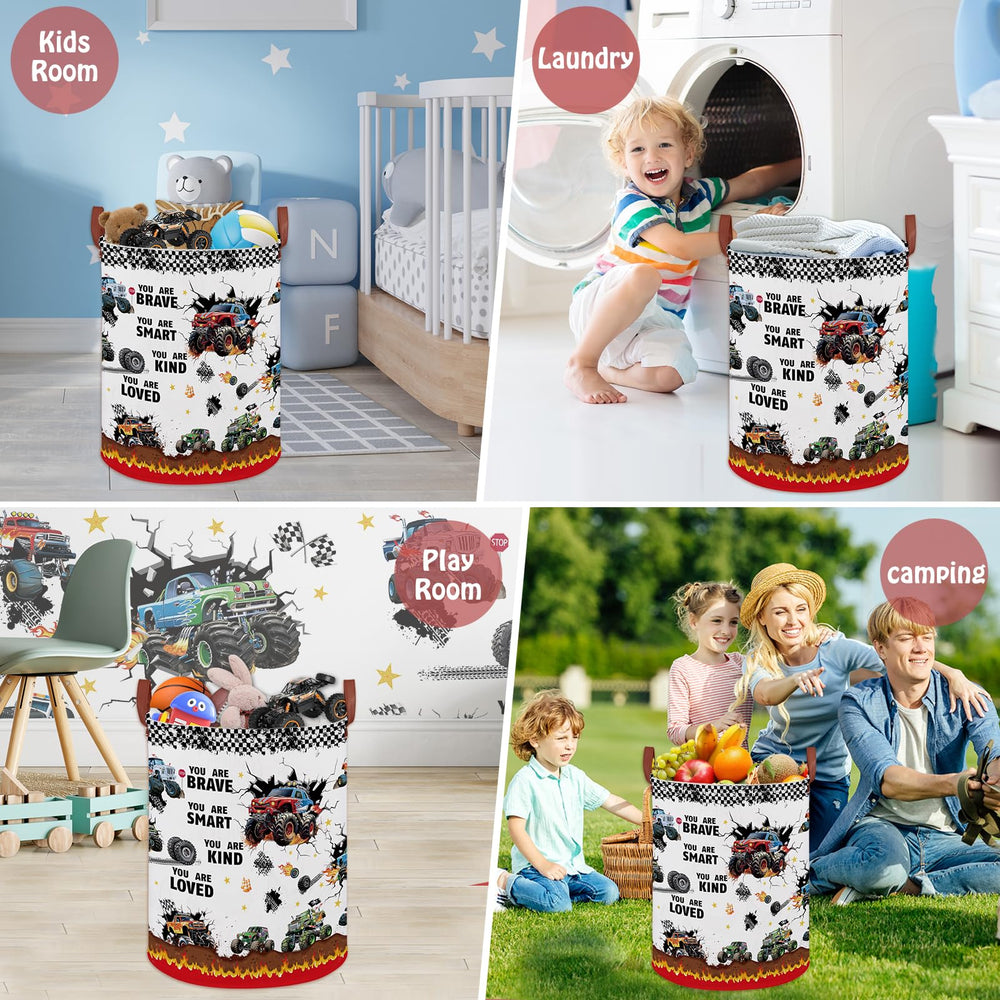 XHWZOF Monster Trucks Fire bedroom organizer for towels, books, and toys.
