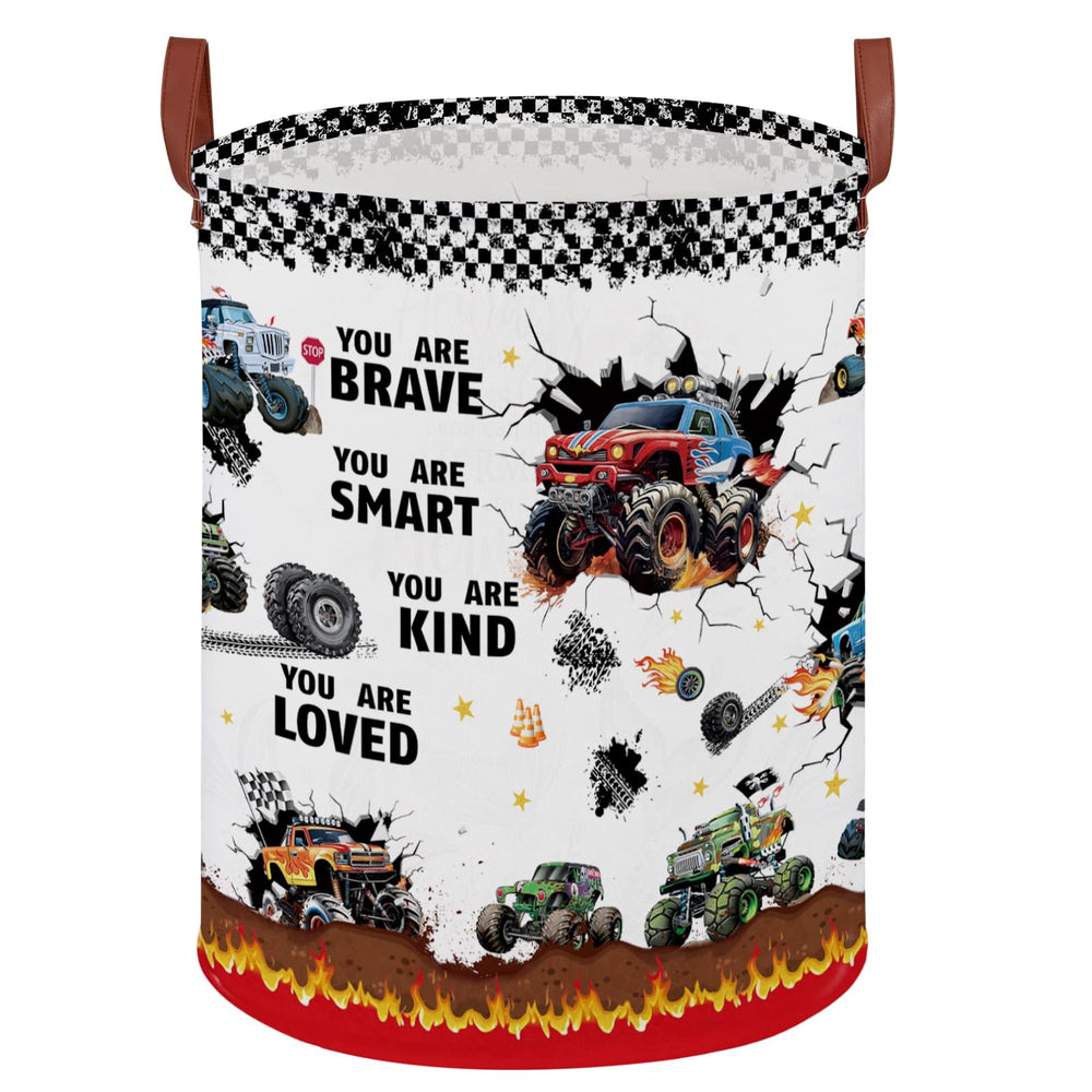 XHWZOF Monster Trucks Fire laundry hamper with sturdy handle for easy transport.