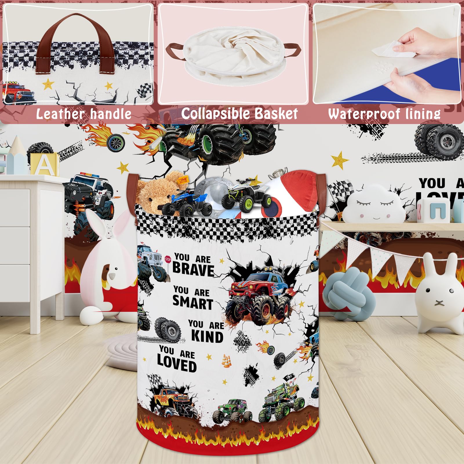 XHWZOF Monster Trucks Fire nursery storage keeps toys tidy and accessible.