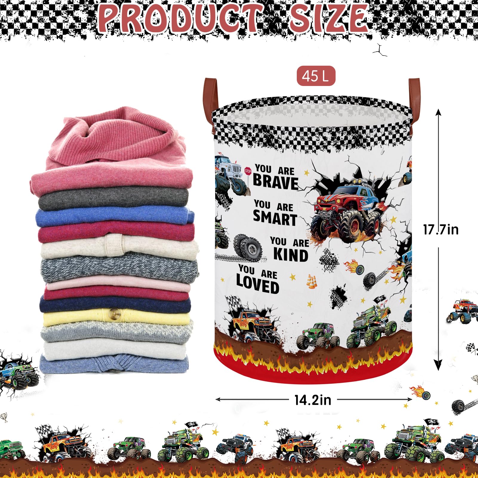 XHWZOF Monster Trucks Fire toy bin showing collapsible design for compact storage.