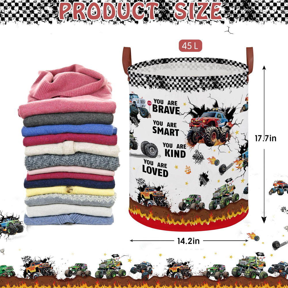XHWZOF Monster Trucks Fire toy bin showing collapsible design for compact storage.