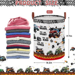 XHWZOF Monster Trucks Fire toy bin showing collapsible design for compact storage.