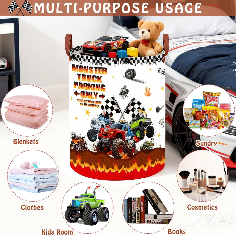 XHWZOF Monster Trucks room decor in kids' bedroom, practical toy storage.