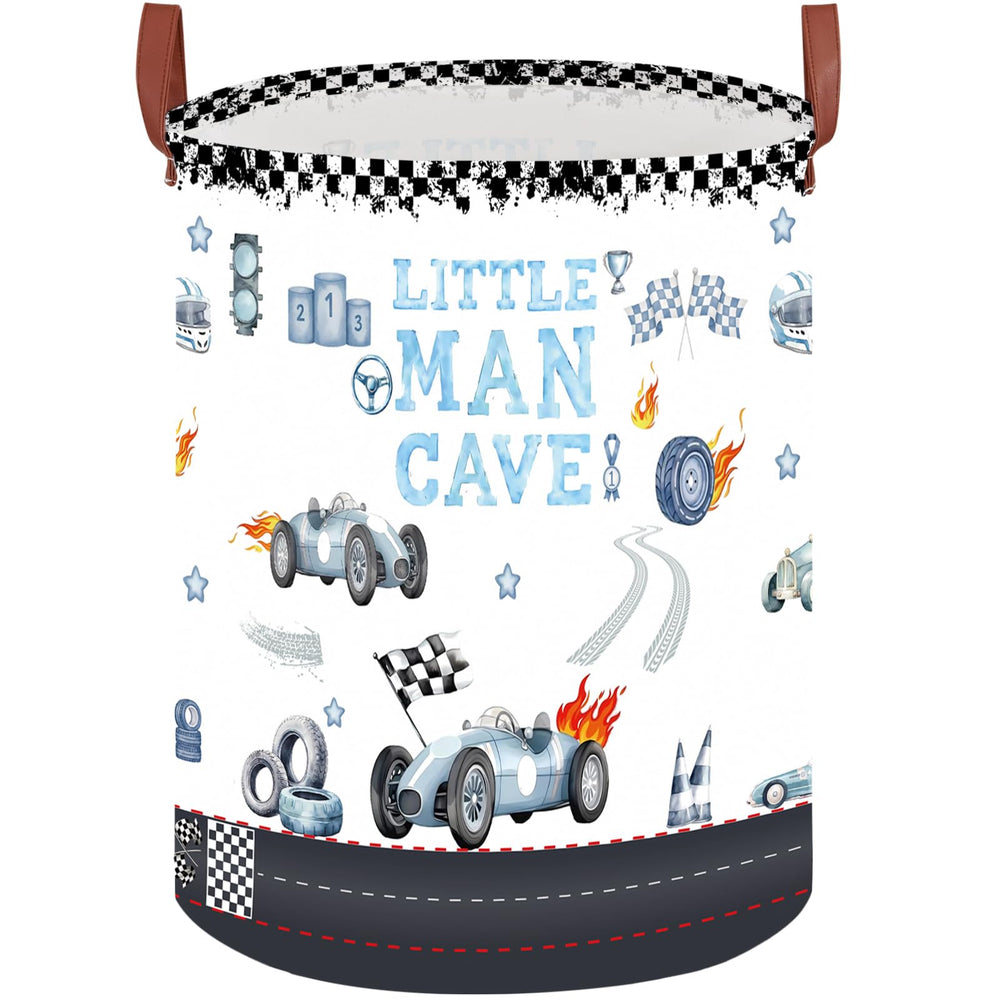 XHWZOF vintage blue car-themed round laundry hamper for kids' rooms, easy to move.