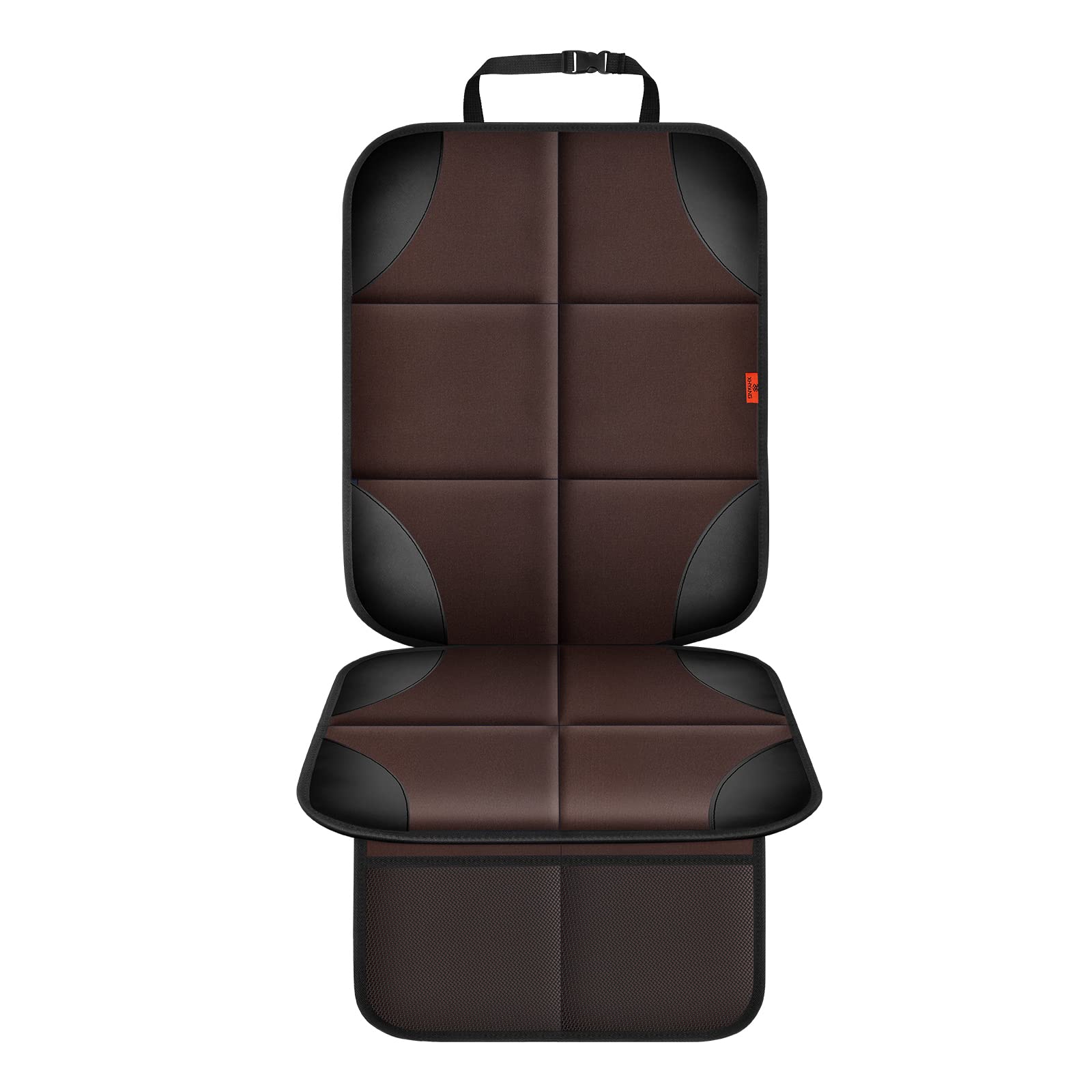 XHYANG car seat protector back view demonstrates secure fit with straps to prevent shifting.