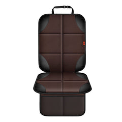 XHYANG car seat protector back view demonstrates secure fit with straps to prevent shifting.