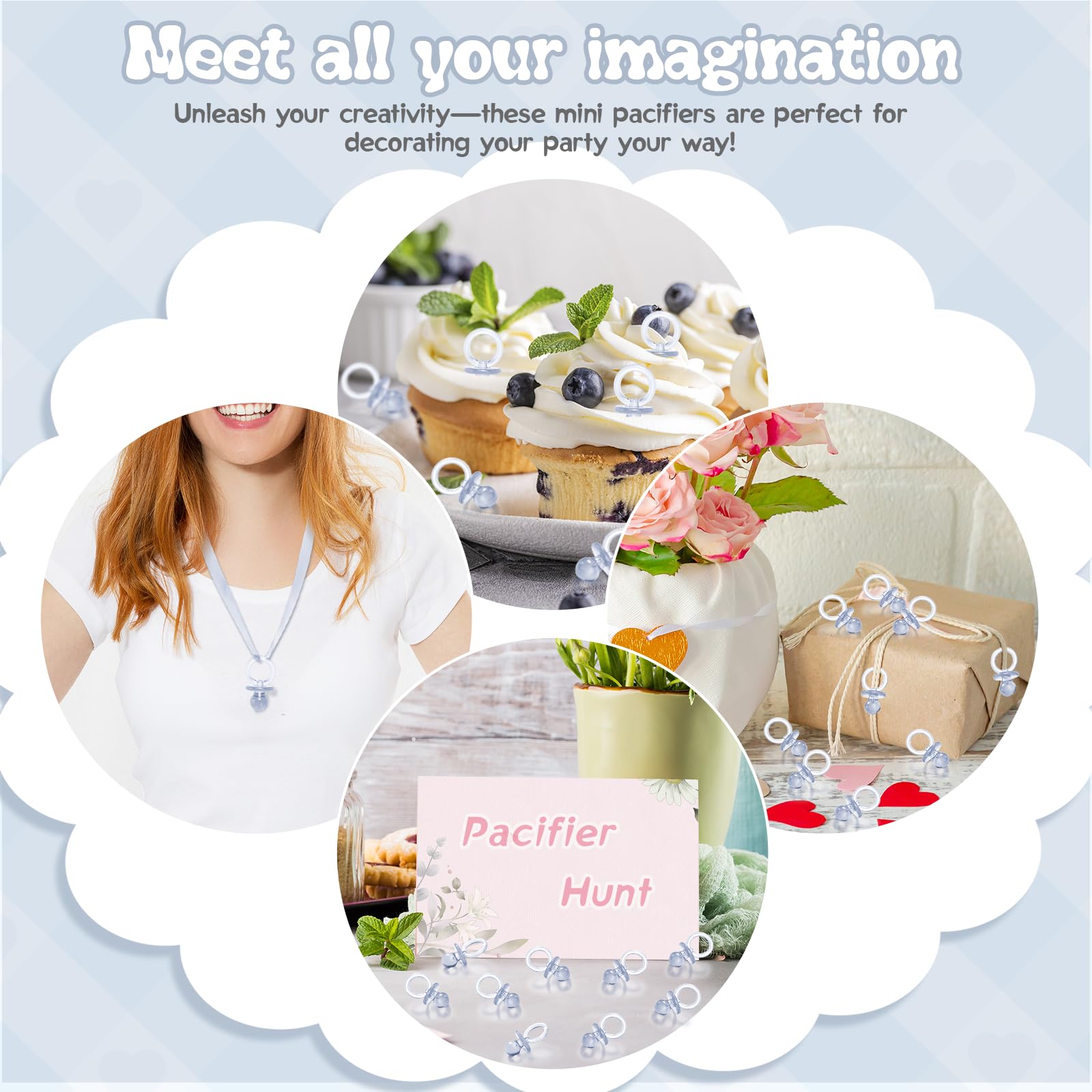 XINHUIDALSQ mini pacifiers in a treasure-hunt setup for guests' engagement.