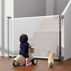 Xixi Home retractable gate mesh stairs showing breathable safety barrier for stairs