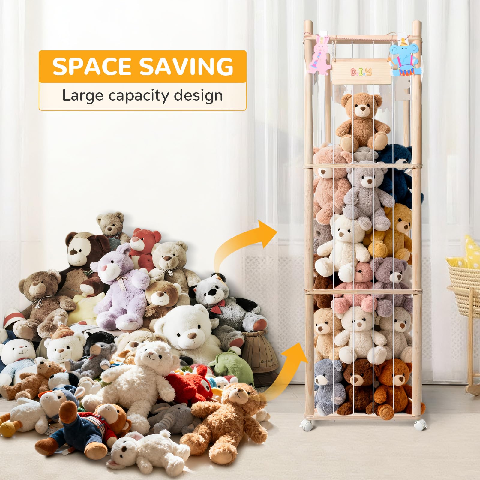 XiYeM 54-inch tall stuffed animal tower keeps plush organized and saves floor space.