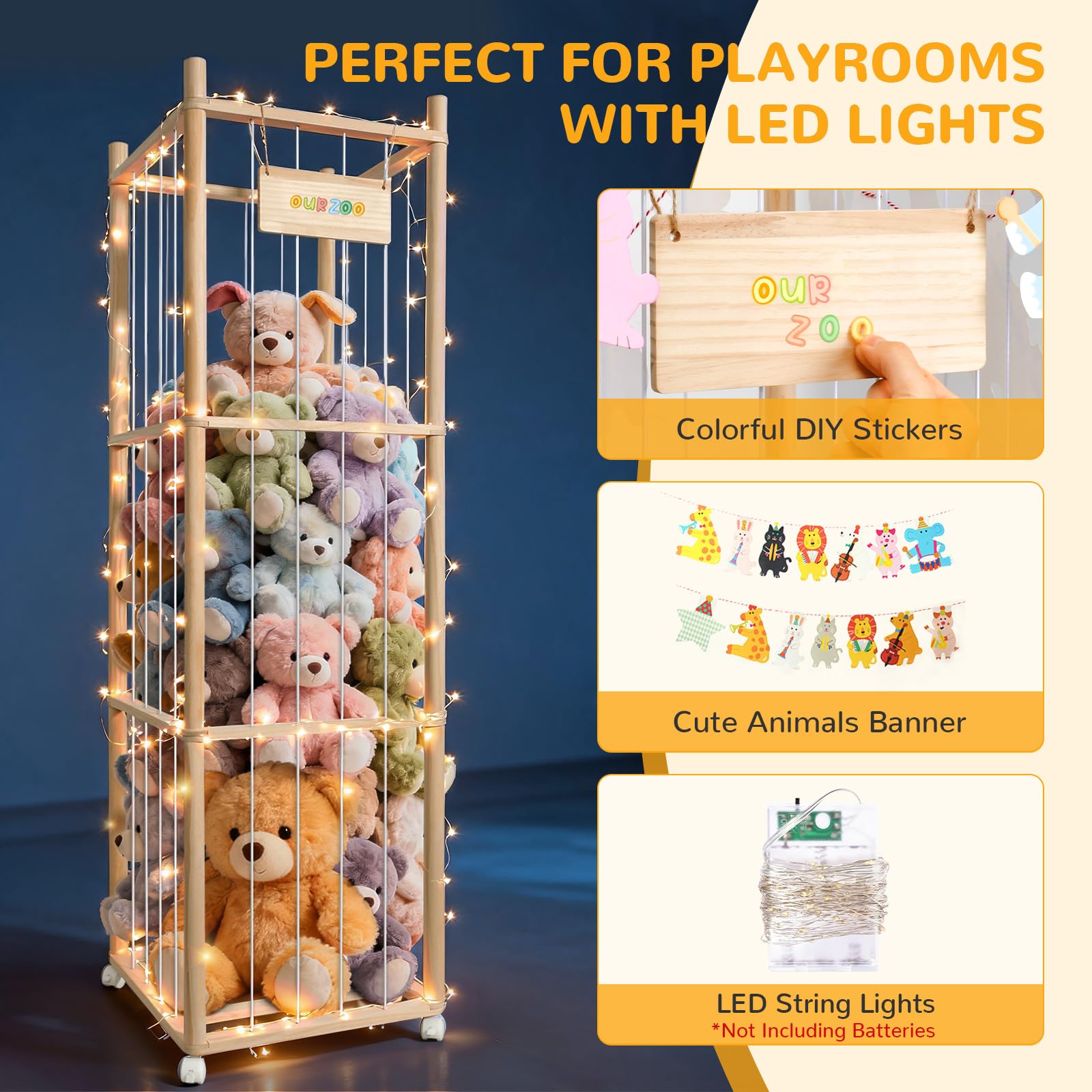 XiYeM stuffed animal zoo with LED lights for cozy playroom ambiance.