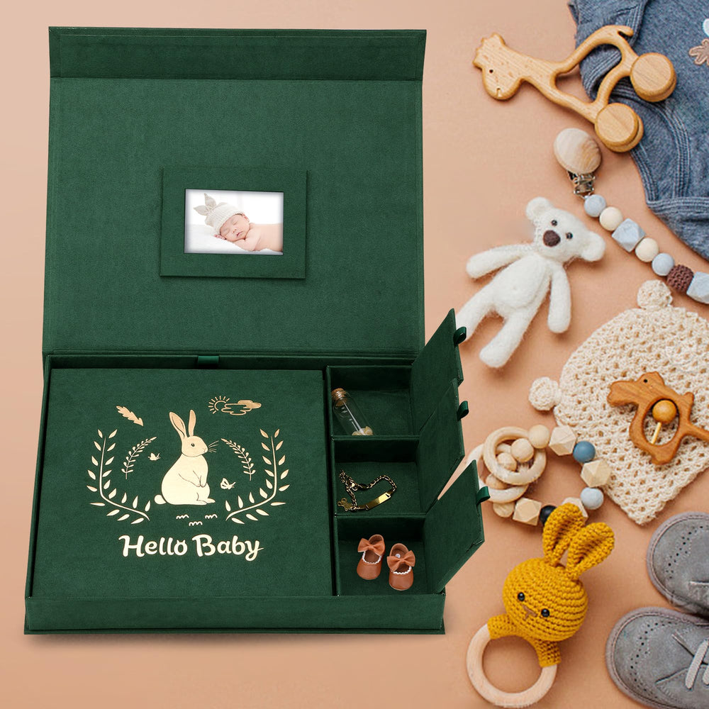 XKDOUS velvet baby book interior pages for milestone entries and built-in photo pockets