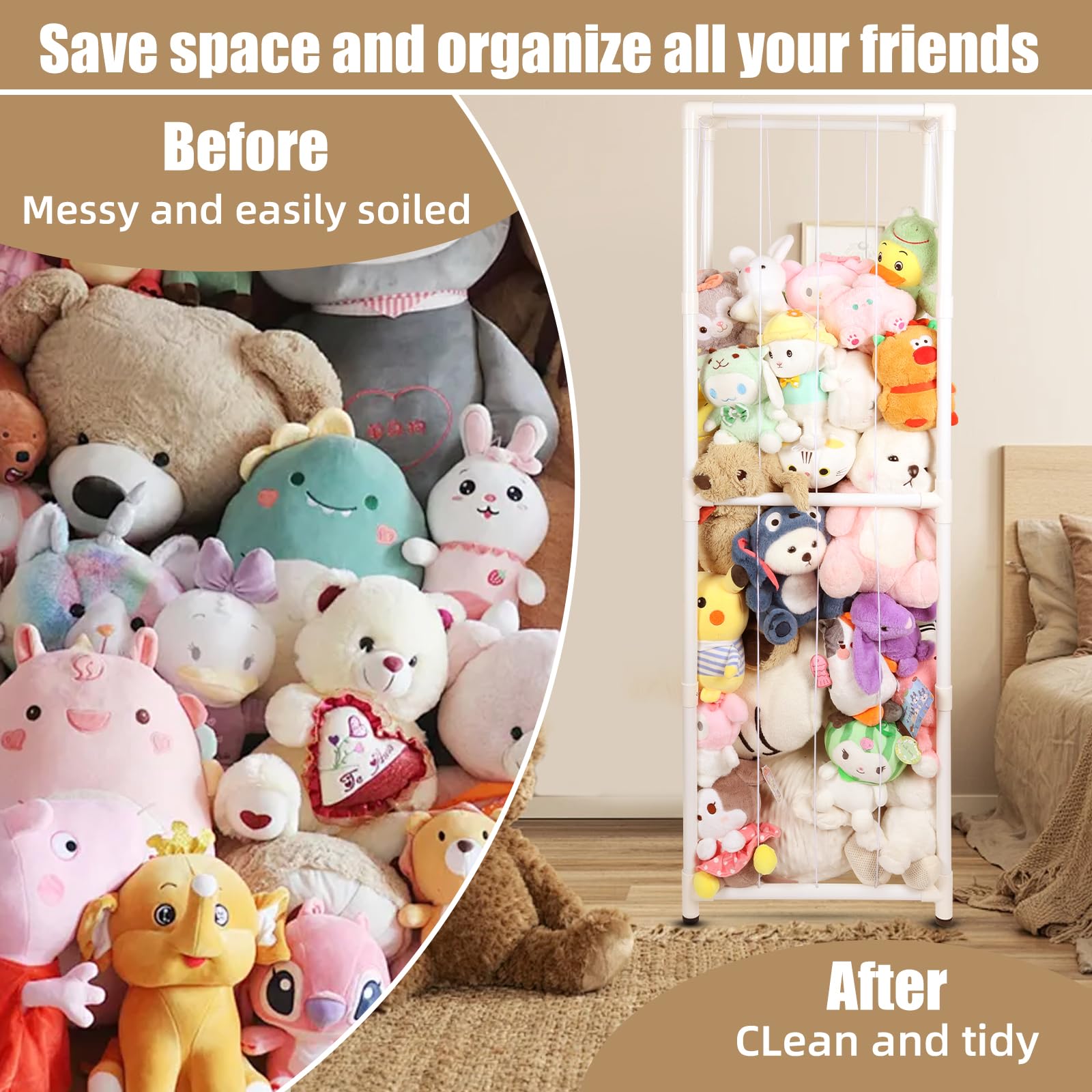 XMBecc off-ground vertical storage tower keeps plush toys off the floor and organized