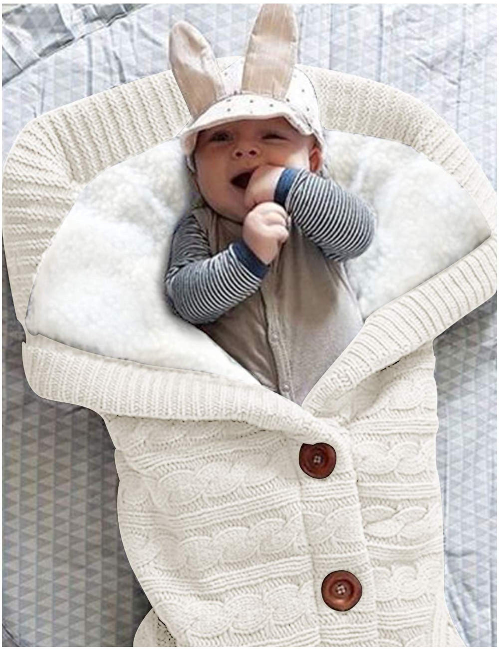 XMWEALTHY swaddle wrapped on a baby in a stroller for on-the-go comfort