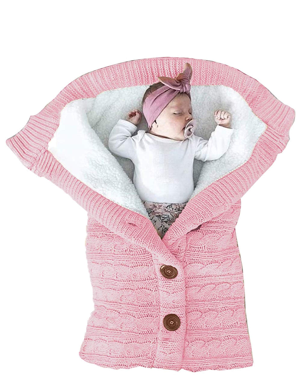 XMWEALTHY infant swaddle blanket in light pink fleece for breathable warmth.