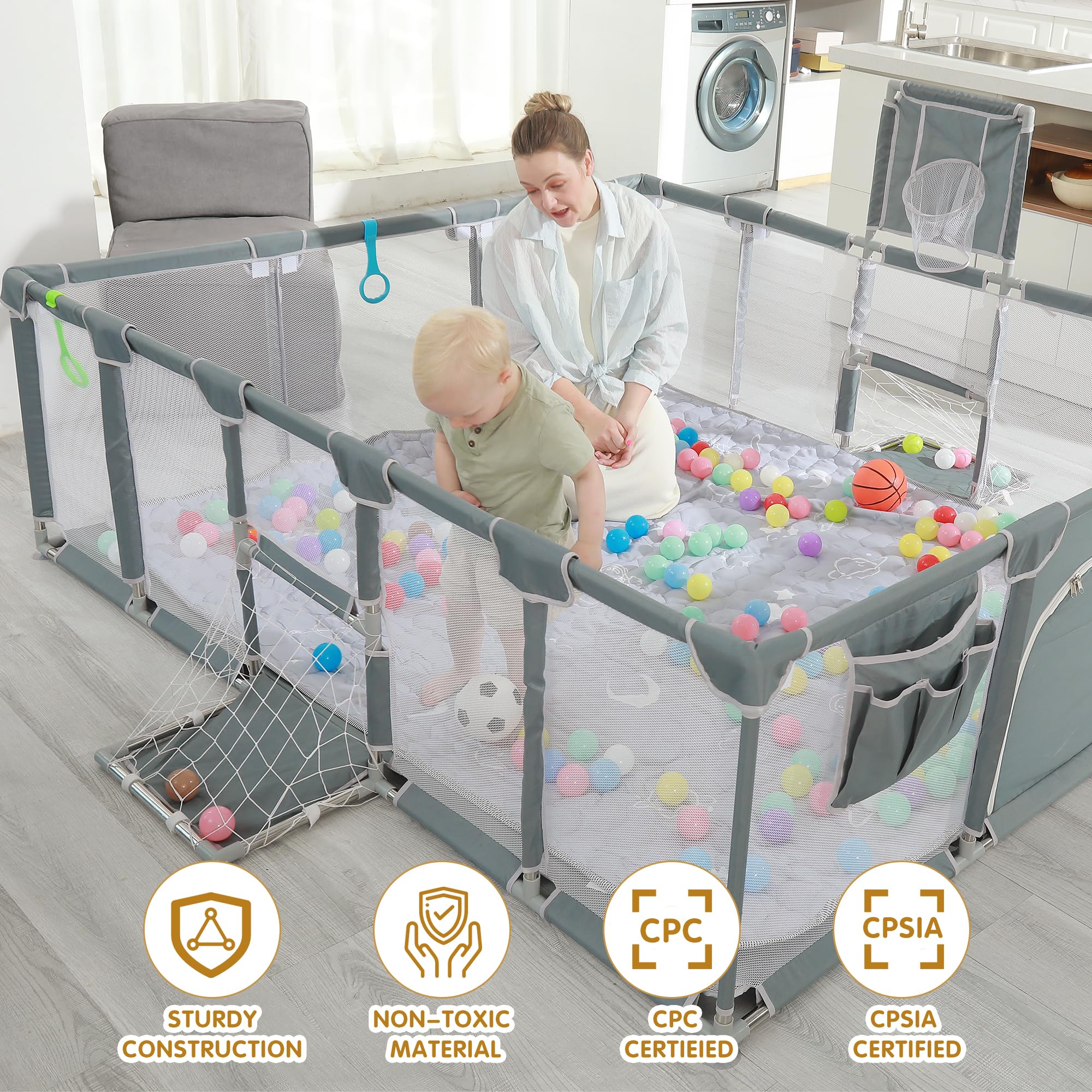 XNWQL Baby Playpen football goal supports safe kicking practice.