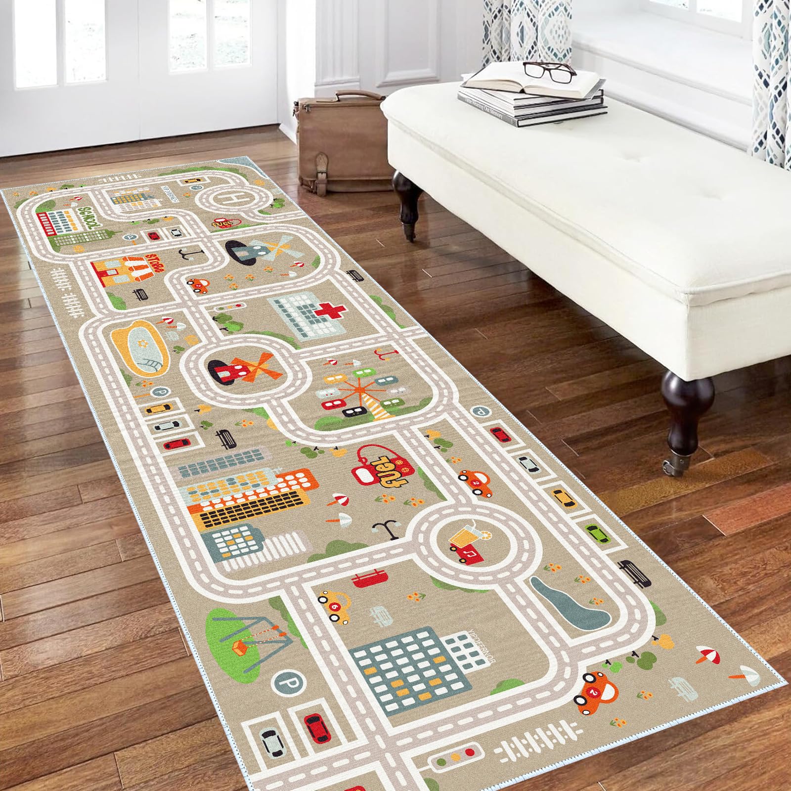 XRYZHC Kids Car Train Rug in grey, 2-6 x 8 ft, ideal for imaginative play on hard floors.