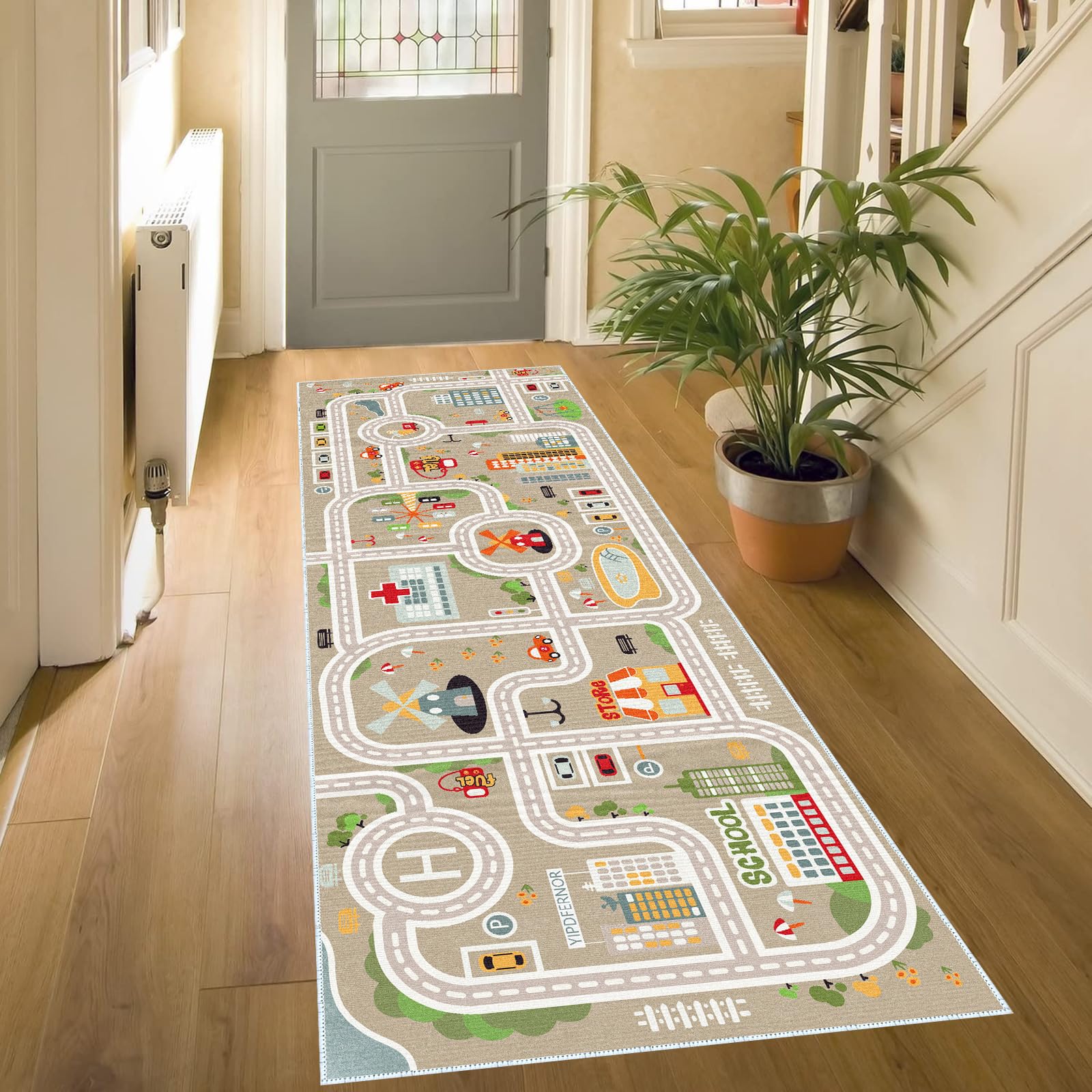 XRYZHC Playroom car rug with soft texture in grey for cozy, safe playtime.