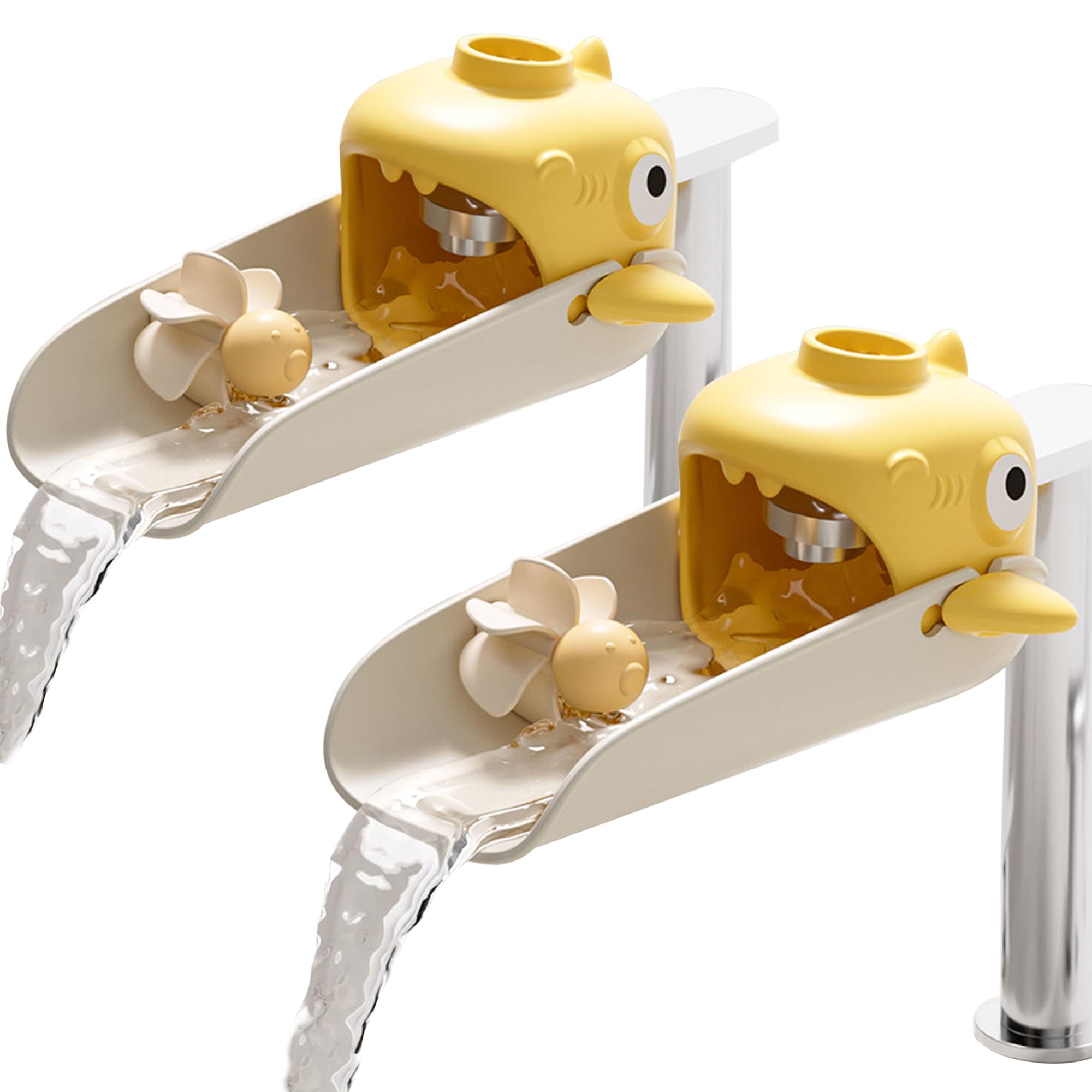 XPECIAL faucet extender for toddlers with yellow shark, helping hand washing