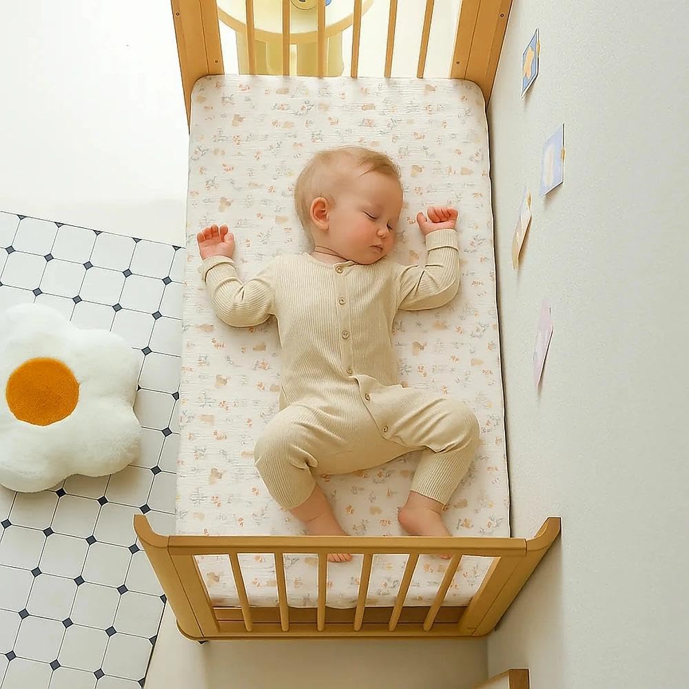 Xuan Dian Muslin crib sheets 2-pack on display, convenient rotation for busy nights.