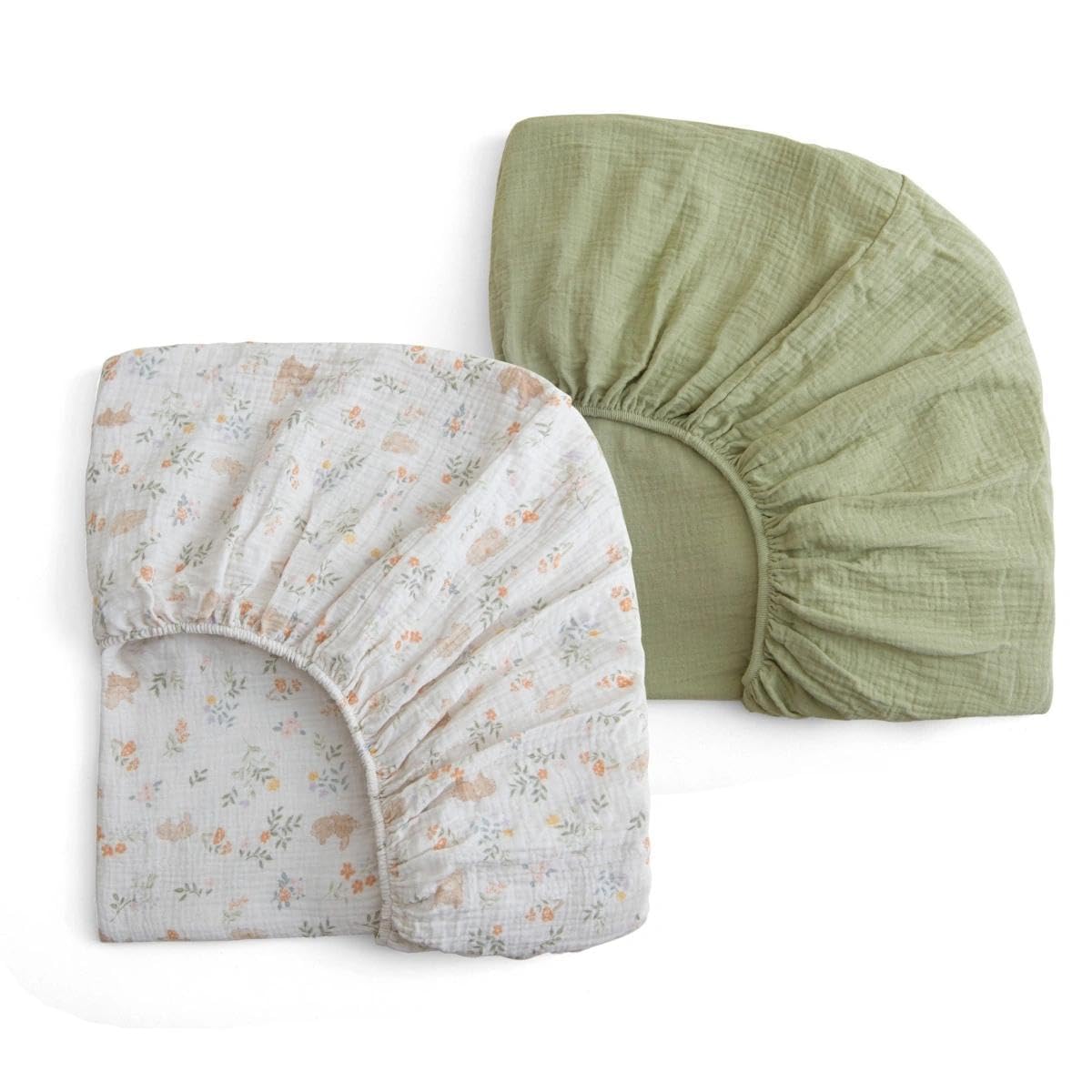 Xuan Dian Muslin crib sheets rabbit-green folded, ultra-soft and breathable for year-round comfort.