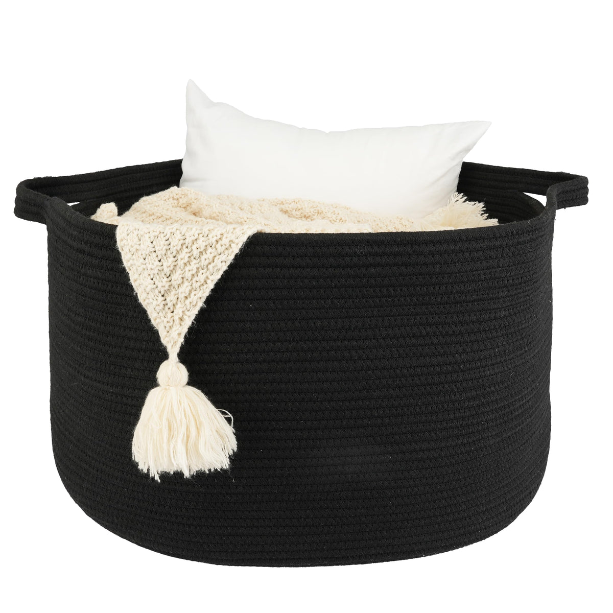 XUANGUO round blanket basket in black with soft cotton rope for easy blanket storage