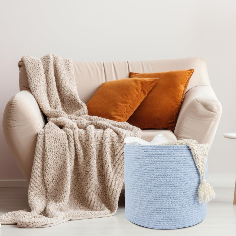 XUANGUO cotton rope basket hidden-handles; easy to move around without snagging furniture.