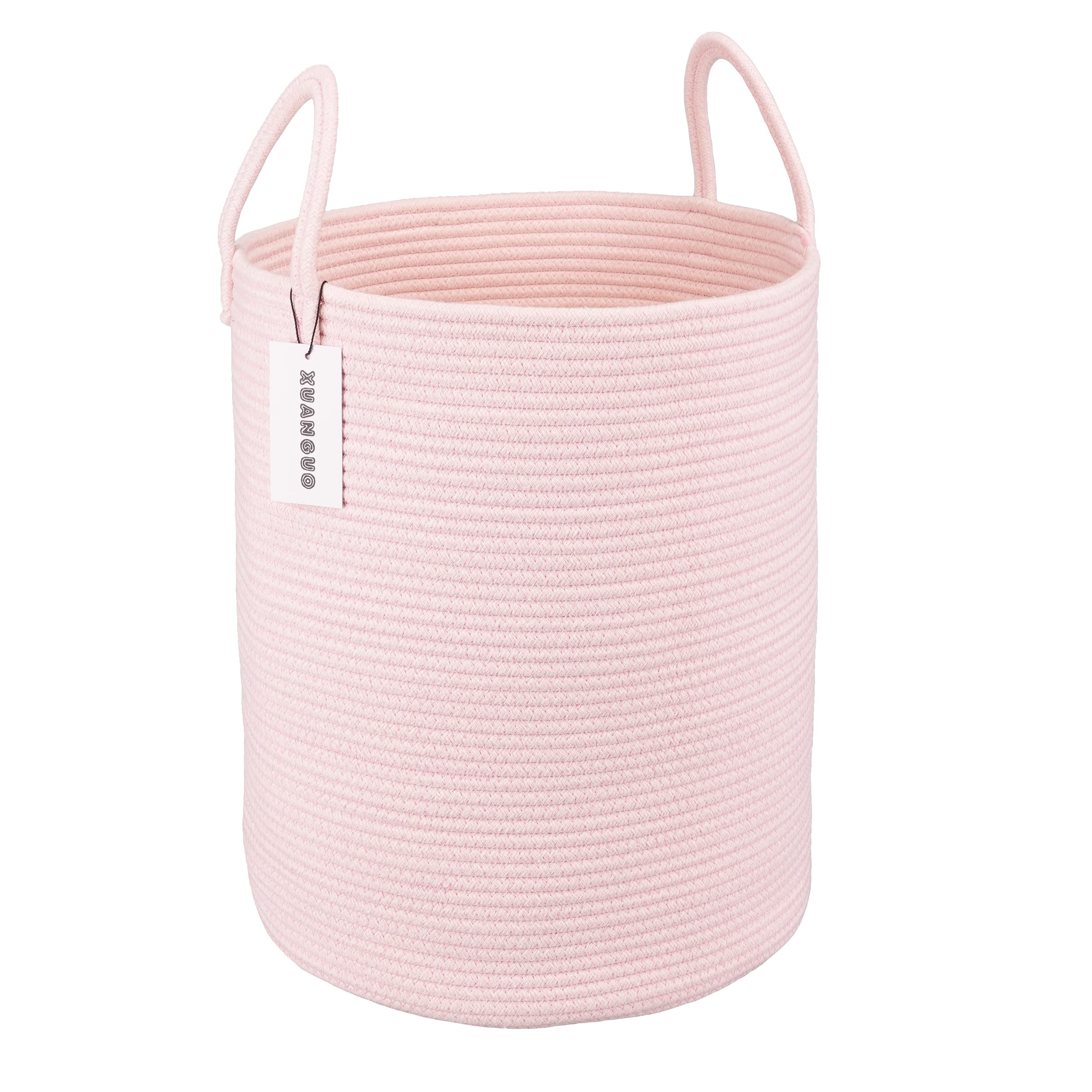 XUANGUO cotton rope laundry basket with handles, 15D x 18H, ideal for clothes storage.