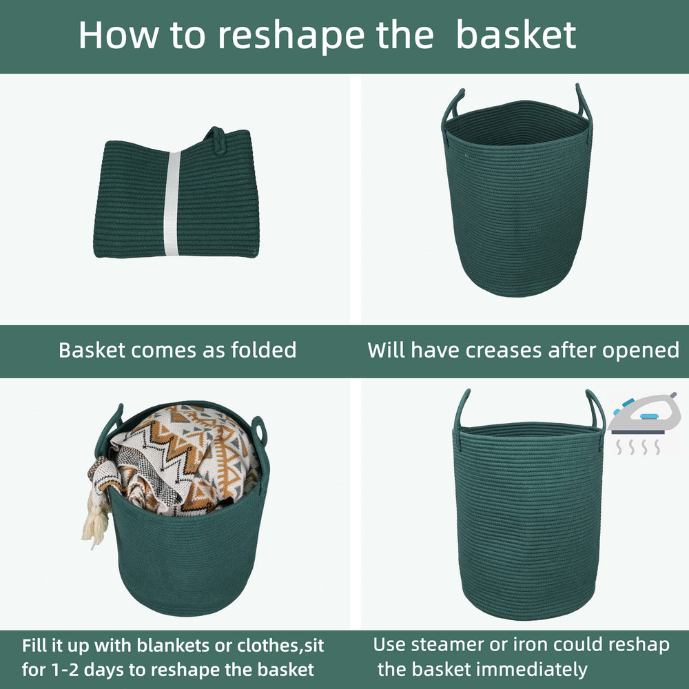 XUANGUO decorative rope hamper in dark green, fits boho or modern decor.