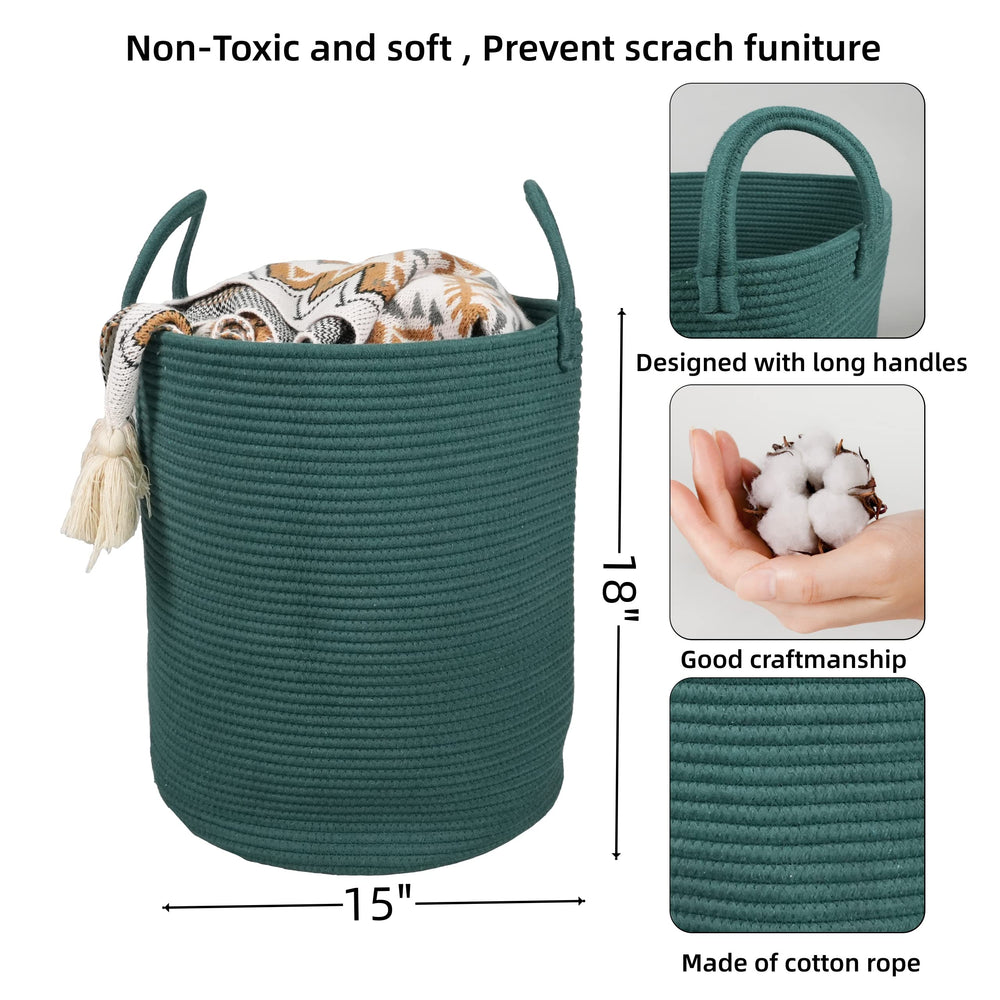 XUANGUO cotton rope basket with handles, side angle view, easy to move around living spaces.