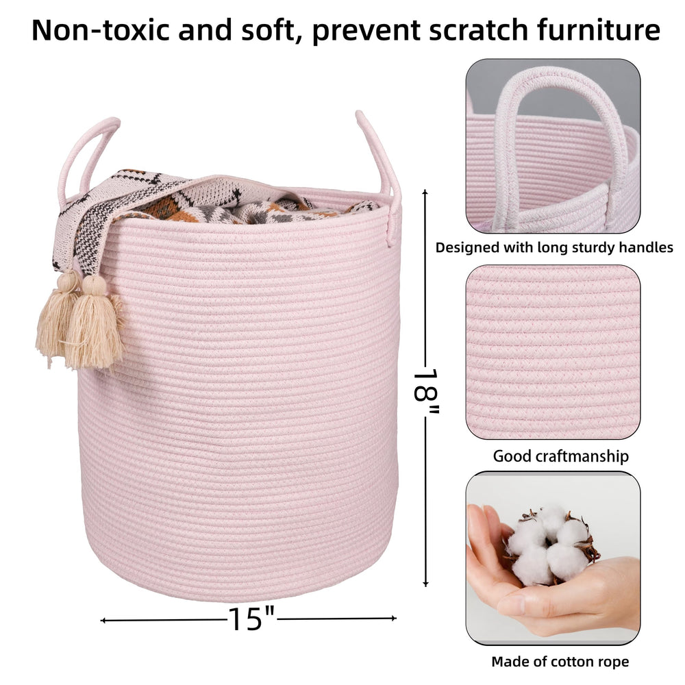 XUANGUO tall blanket-bin rope basket keeps throws neatly organized in living room.