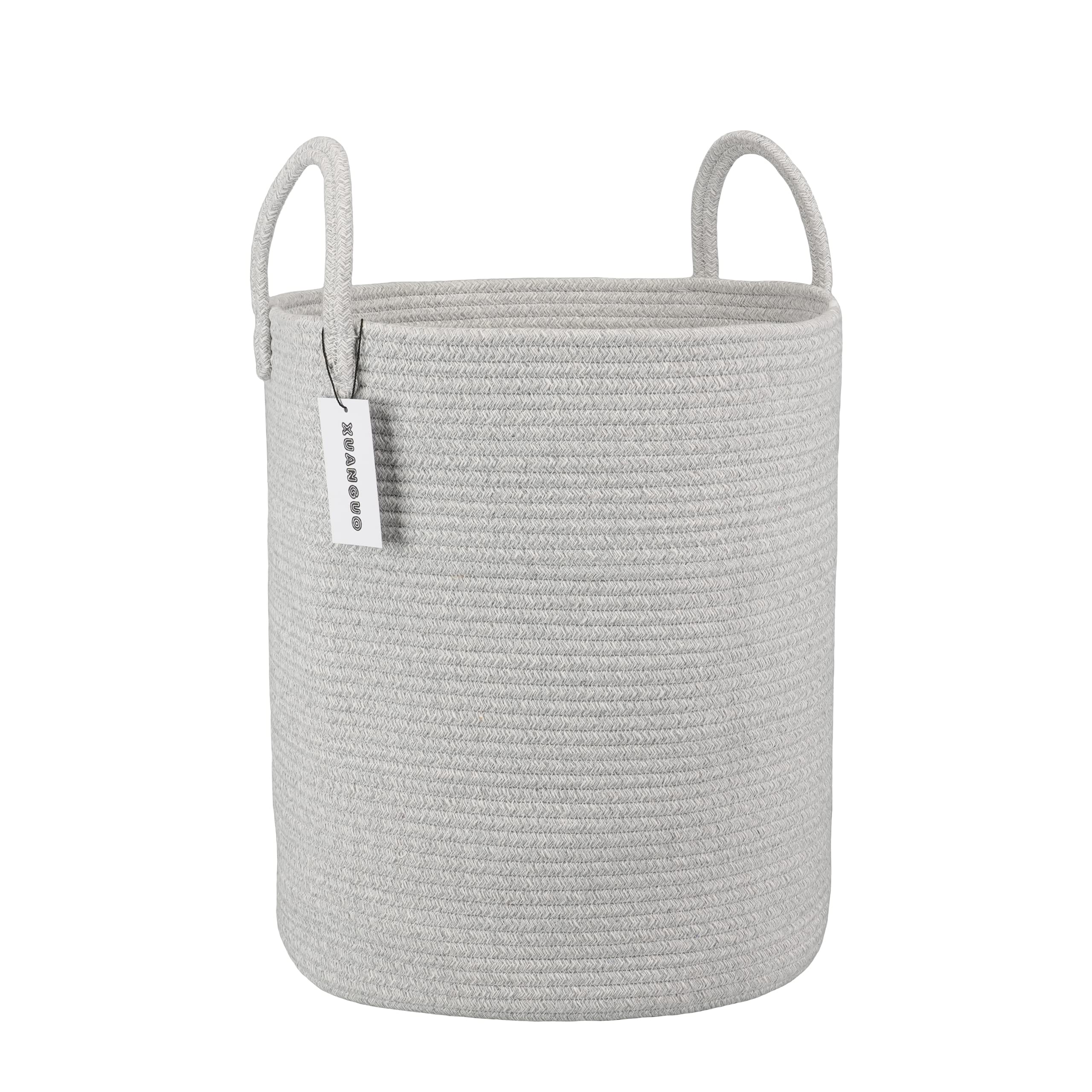 XUANGUO cotton rope laundry basket tall with handles for easy transport and organized laundry.