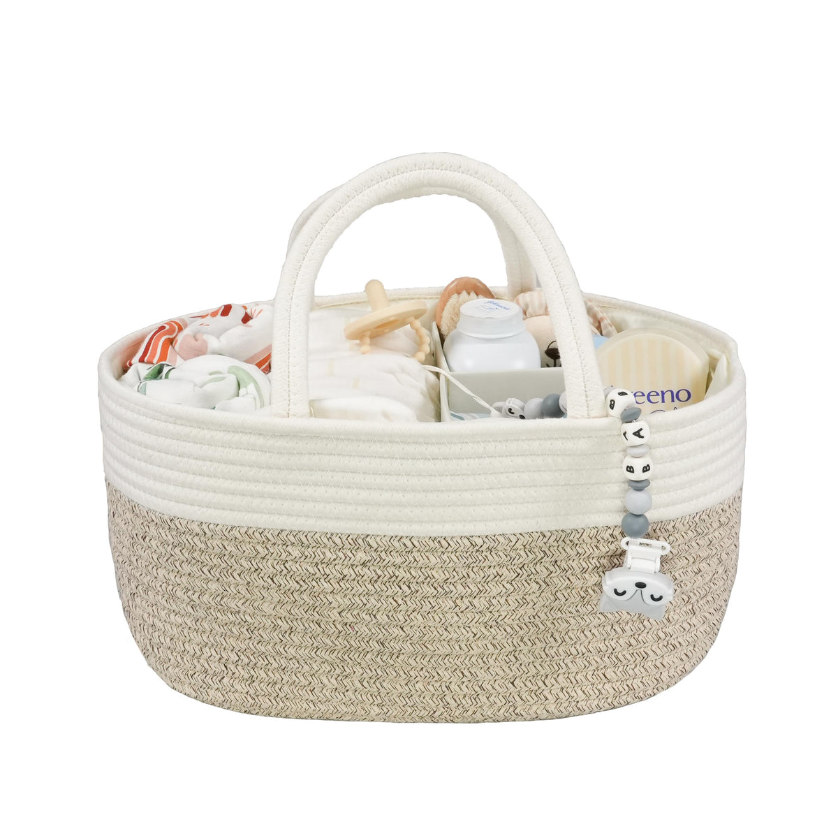 XUANGUO large diaper caddy organizer in white and brown keeps baby essentials within reach for quick changes.