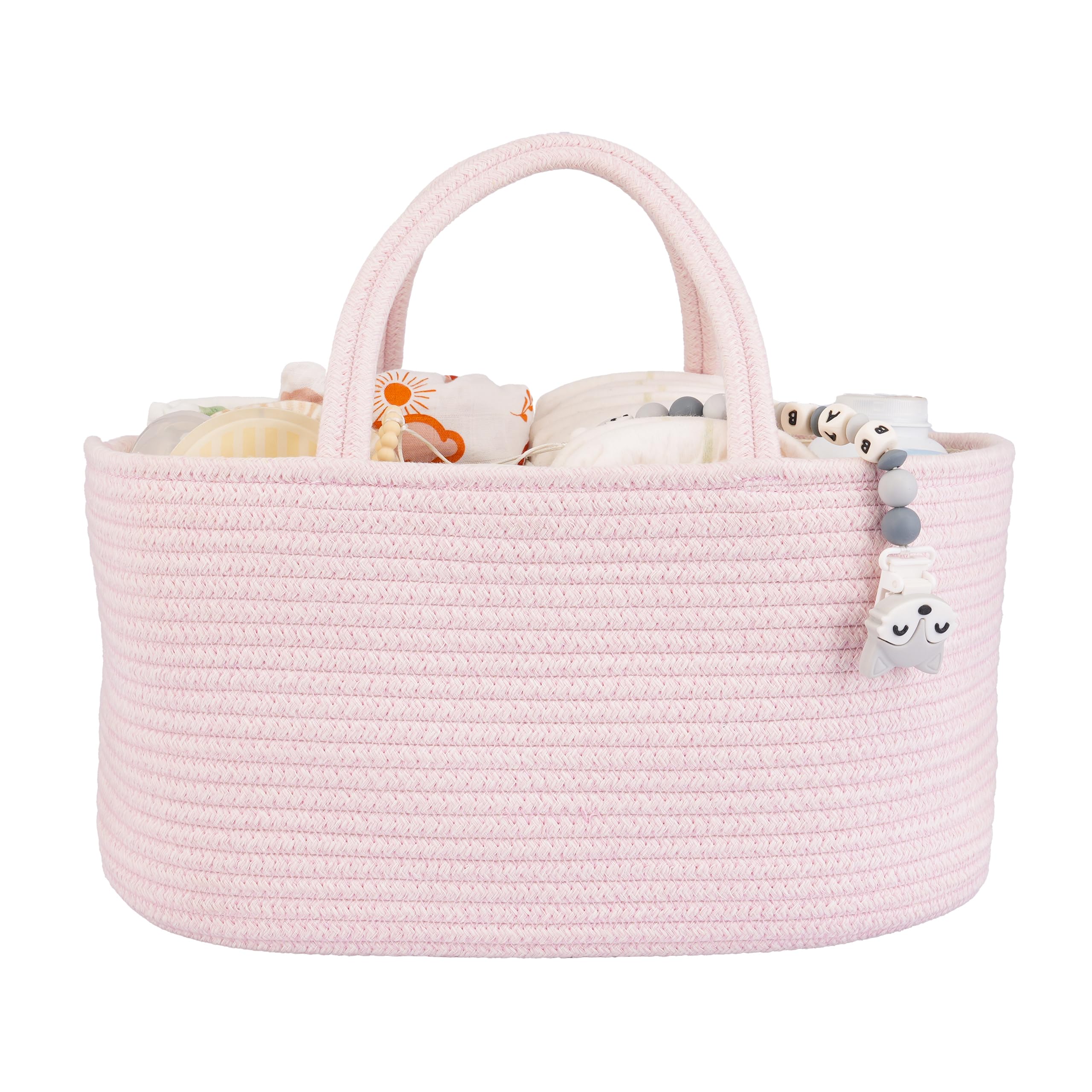 Xuanguo large diaper caddy in pink, front view showing organized storage within reach.
